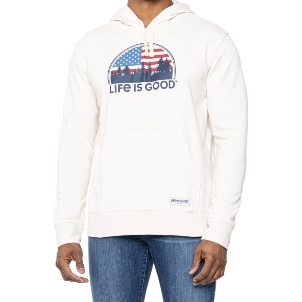 Life Is Good Men’s Patriotic Hooded Sweatshirt Size Large Cream Cotton Blend EUC